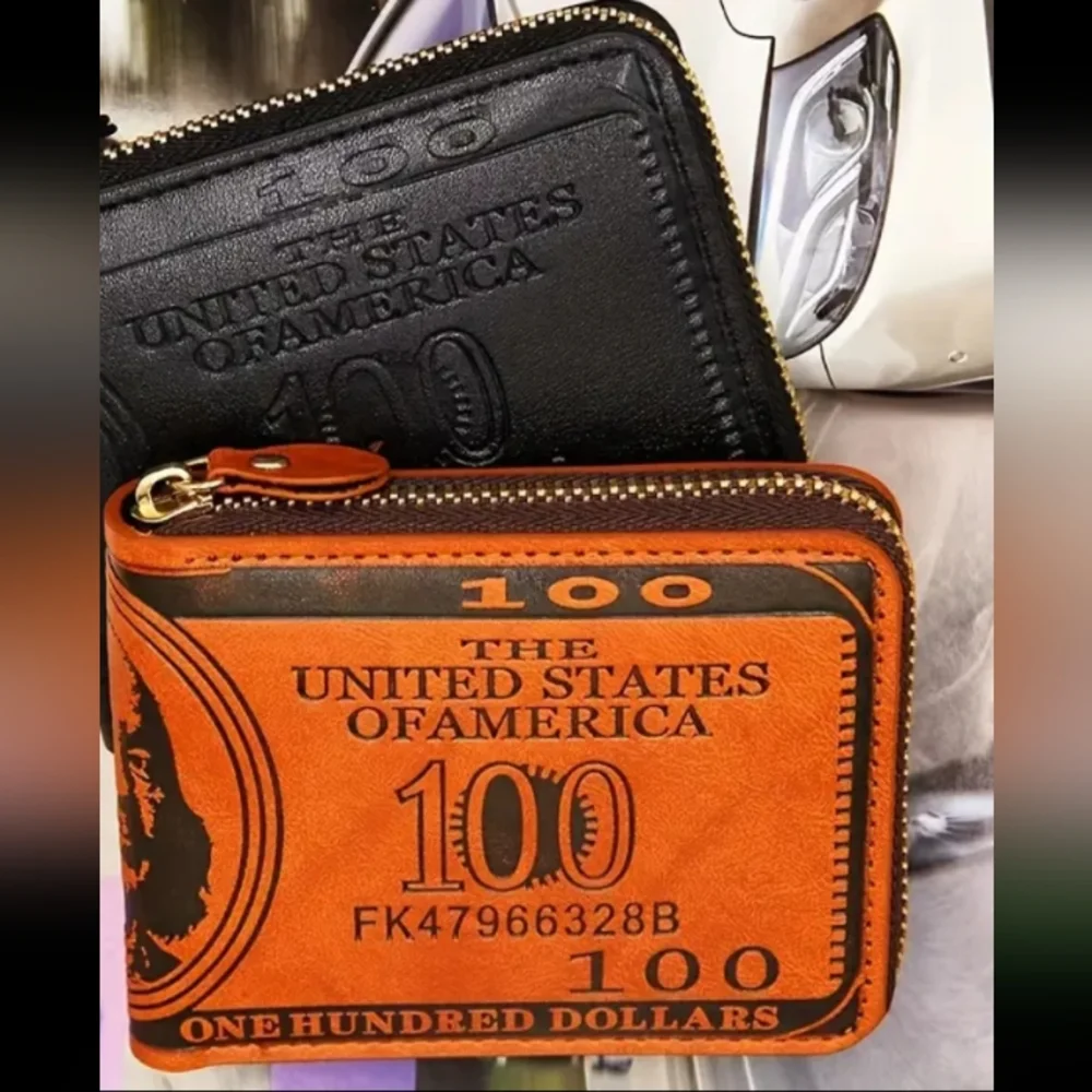 BROWN LEATHER $100 BILL EMBOSSED WALLET ZIP AROUND HOLDS MANY ITEMS RFID PROTECT